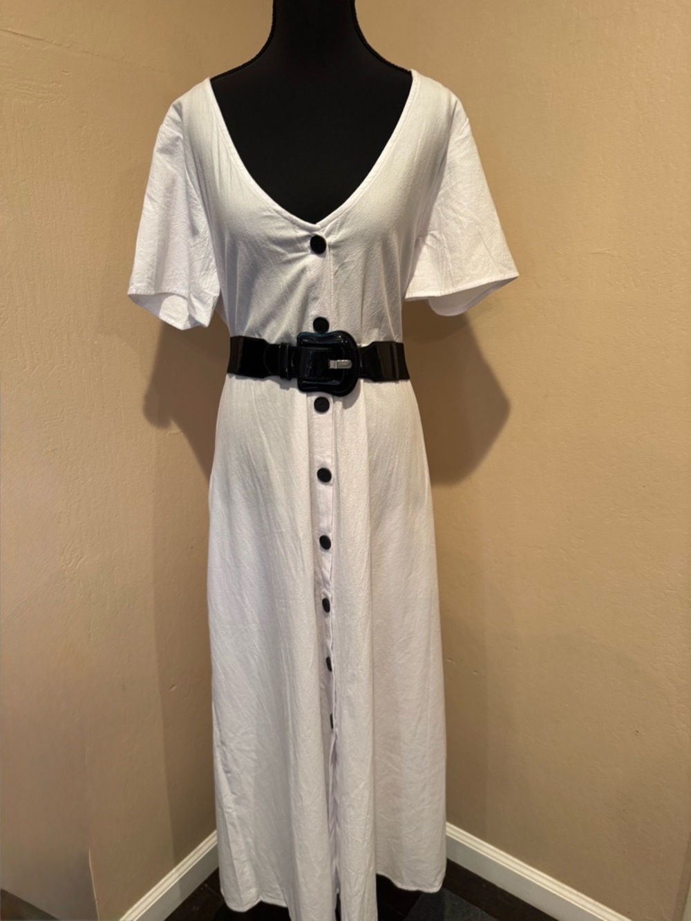 Crisp White Cotton V-Neck Button-Front Maxi Dress great for any occasion